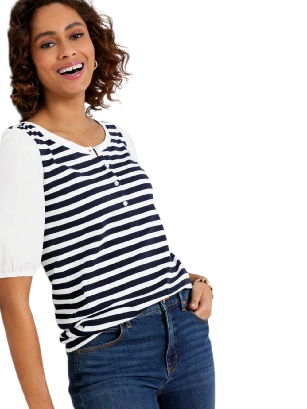 Talbots Navy & White Striped Button-Front Puff Sleeve Top